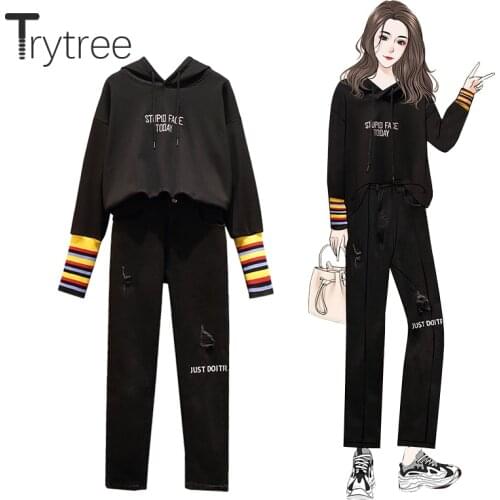 Trytree 2020 Spring Two piece set Casual Hooded Drawstring Patchwork Letter Top + Pants Button Pockets Fashion Set 2 Piece Set
