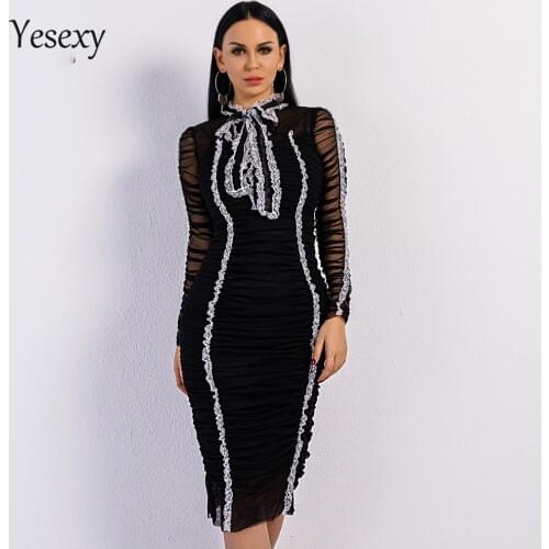 Yesexy 2021 Sexy Bow Tie High Neck Long Sleeve Women Dress Female Bodycon Flower Side Elegant Party Knee Length Dress VR8954