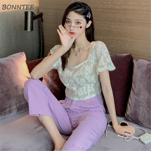 Women Sets High Waist Solid Pants Square Collar Short Puff Sleeve Tender All Match Lace Cropped Ulzzang Female Fashion Daily Ins