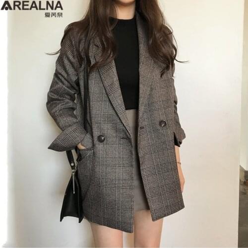 2020 new autumn Winter blazer femme Korean fashion Womens Blazers Plaid Double Breasted Pockets Formal Jackets Outerwear Tops