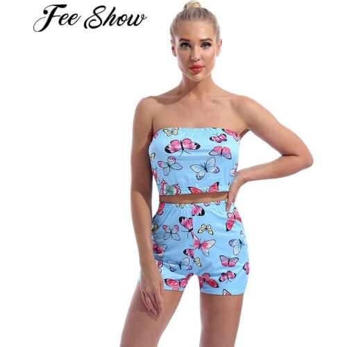 Women Summer Butterfly Print Outfit Sweet Suit Active Wear Two Piece Set Tracksuit Strapless Tube Crop Top High Waist Shorts Set