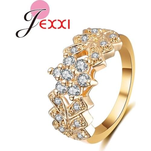 Romantic Women Wedding Rings 925 Sterling Silver Gold Color Flower Ring With Shiny Crystal Cubic Zirconia Free Shipping