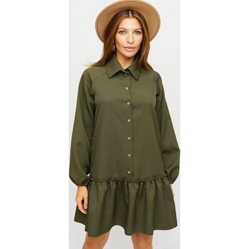 Women Vintage Ruffled Front Button A-line Dress Long Sleeve Turn Down Collar Solid Casual Mini Dress 2021 Summer Fashion Dress