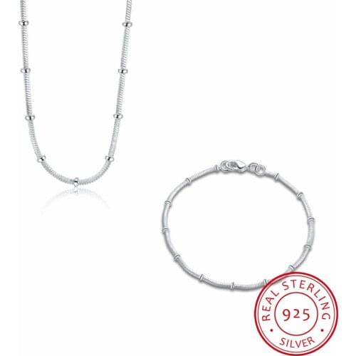 Femme 925 sterling silver Fine Jewlry, minimalism snake chain beads necklace Bracelet for women joyas de plata 925 jewelry Set