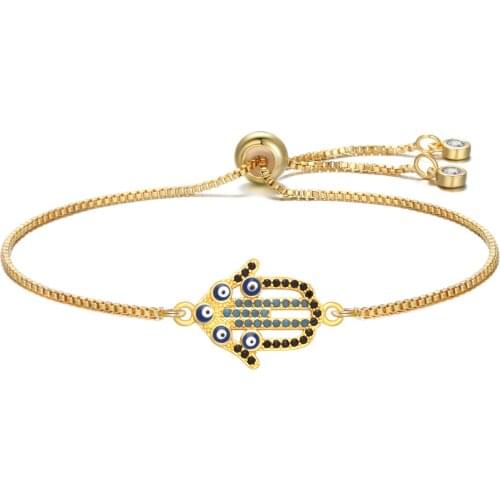 AAA Multicolor Cubic Zirconia Stones Blue Evil Eye Hamsa Hand Charm Bracelet Women Rose-Gold Red String Chain Adjustable Jewelry