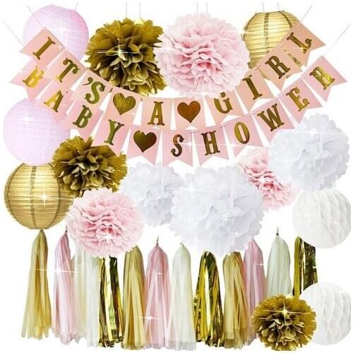 Baby Shower ITS A GIRL Banner Decoration Set Tissue Paper Tassel Garland Paper Flowers Paper Lantern for Birthday Party