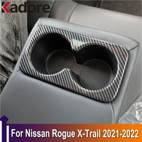 Carbon Fiber Rear Seat Water Coffee Cup Holder Frame Cover For Nissan Rogue X-trail 2021 2022 Interior Accessories Car Styling