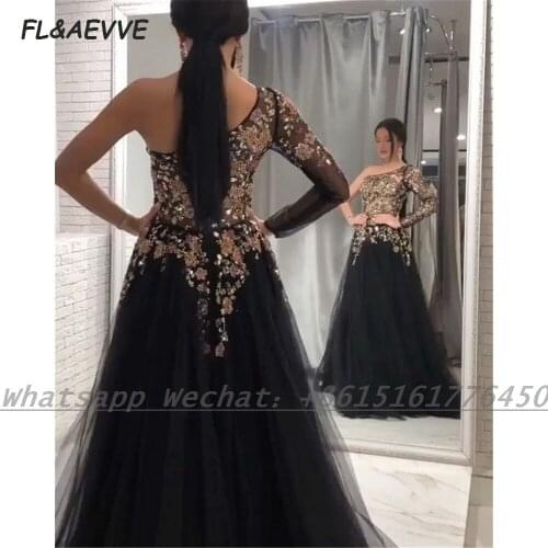 2021 Black Evening Dress A Line One Shoulder Lace Appliques Long Sleeves Floor Length Black Girls Evening Party Gowns