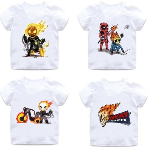 Childrens Movie Ghost Rider Cartoon Design Print T-Shirt Boy Girl Summer White Soft Material Round Neck Cotton TShirt Superhero