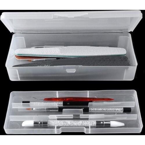 Double-layer Rectangle Translucent Plastic Storage Box Nail Dotting Drawing Brush Pen Polishing Sponge Buffer Container Case