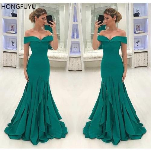 HONGFUYU Off the Shoulder Prom Dresses Aqua Azul Sereia Vestidos de Baile Festa Mermaid Evening Dress Vestido de Noite Babados