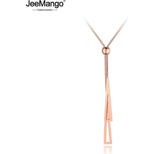 JeeMango Trendy Double Triangle Stainless Steel Women Box Chain Necklace Jewelry Rose Gold Adjustable Choker Necklaces JN19049