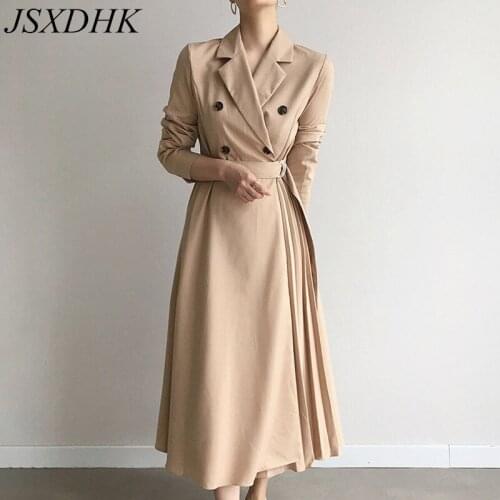 JSXDHK Elegant Chic Autumn Notched Collar Pleated Dress Fashion Women Double-Breasted Khaki Lace Up Office Ladies Midi Dresses