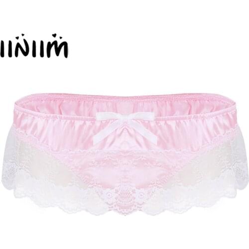 Mens Lingerie Sissy Underwear Shiny Soft Satin Lingerie Ruffled Floral Lace High Cut Low Rise Sexy Bikini G-string Thong Panties