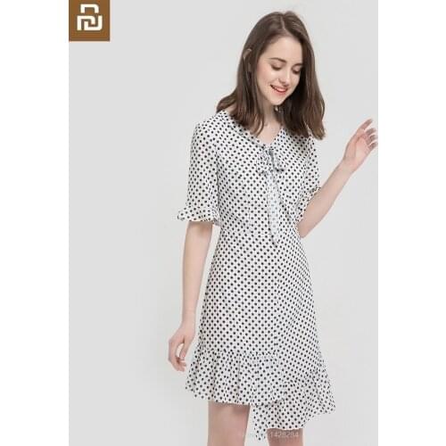 New 10:07 elegant Fashion Bow Skirt Waist girl woman Polka dot V-neck Refreshing and comfortable Slim fit summer Female