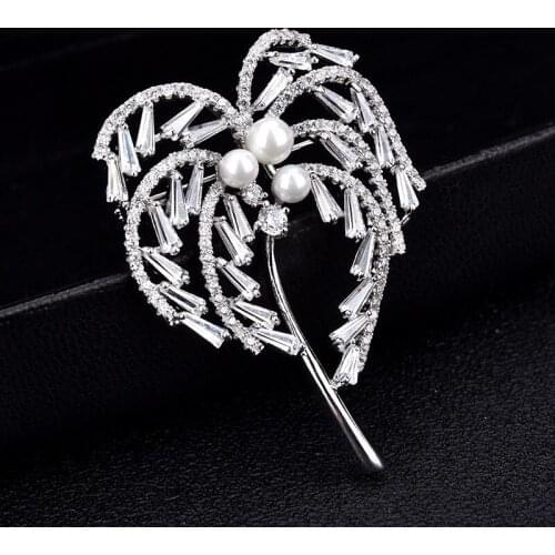 OKILY Delicate Zircon Coconut Tree Brooch Female Dress Clothes Accessories Fashion High Quality Plant Tree Brooch with Pearl Pin