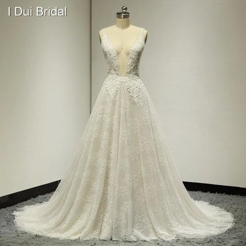 Sexy Boho Wedding Dresses Deep Neckline Low Back Pearl Crystal Beaded Lace Bridal Gown Factory Custom Made Real Photo