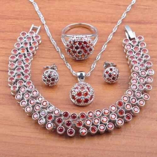 Silver Color Jewelry Set Exquisite Red Zirconia Crystal For Women Earrings Necklace Pendant Rings Bracelet Set JS0550