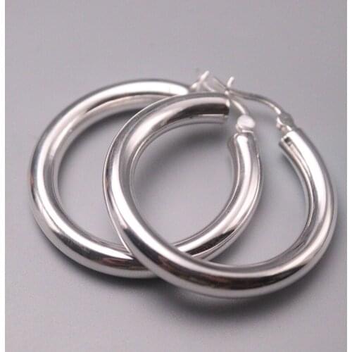 Real S925 Sterling Silver Earrings Women Luck Round Hoop Earrings 36mmW Best Gift