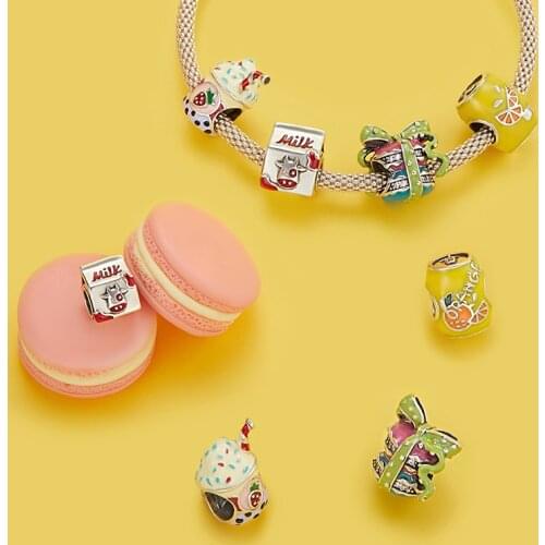 WOSTU 925 Sterling Silver Milk Macarons Ice-cream Tea Orange Juice Charm Heart Charm Beads Fit Original Bracelet DIY Jewelry