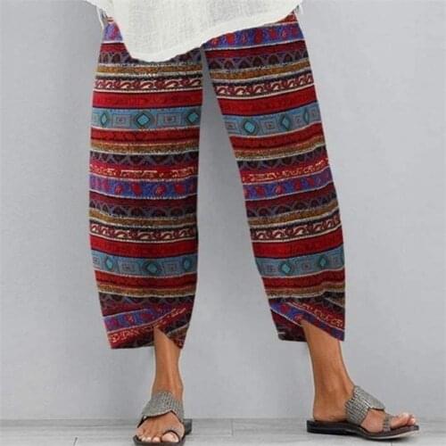 Ladies Vintage Print Harem Pants Elastic Waistband Ninth-length Skin-friendly Wide Leg Summer Women Pants Casual Loose Trousers