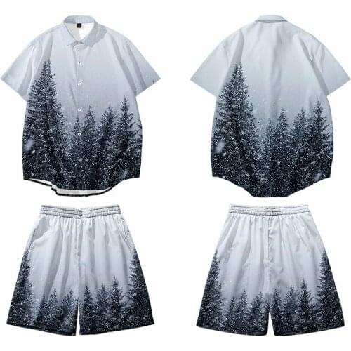 Spring and Autumn Thin Non-hooded Short Sleeve Smoke Stretching Forest Digital Printing Vacation Leisure Beach Pants Set