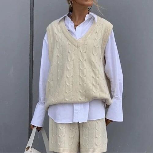 Cable Knit Sleeveless Sweater Vest & Shorts Fashion Mini Set Women Loose Tracksuit