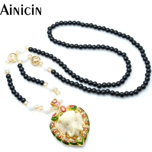 High Quality Fashion Women 28'' Bead Sweater Chain Jewelry Indian Ganesh With Zircon Setting Gold Color Pendant Necklace