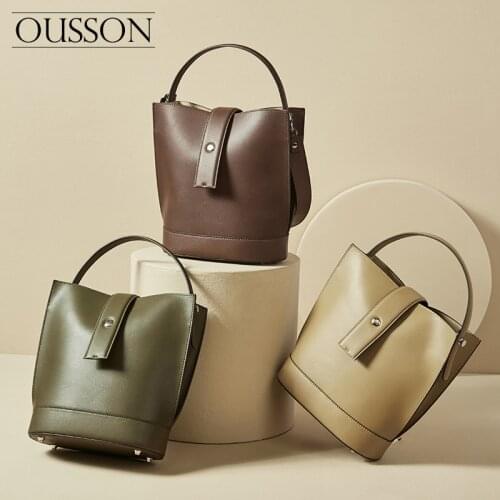 OUSSON Fashion, leisure, light and versatile one-shoulder messenger portable cowhide large-capacity commuter bucket bag