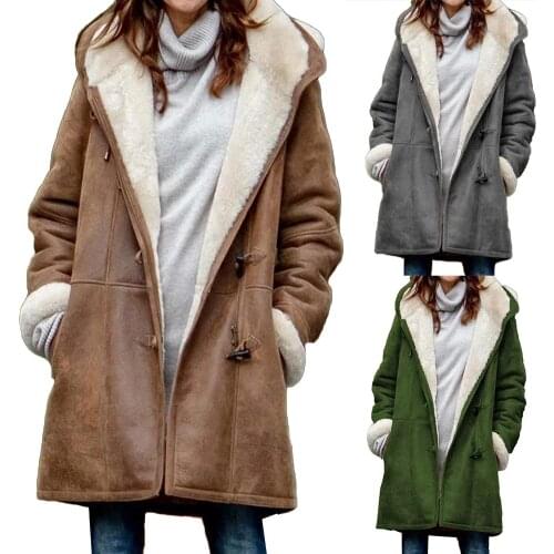 Women Winter Casual Solid Color Horn Buckles Fleece Lining Long Warm Hooded Coat Cotton made plushy lining acket jacket women