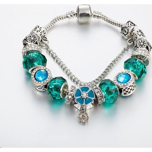 ANNAPAER Flower Charm Bracelet with Green Crystal Beads Bracelets & Bangles FOR Women DIY Jewelry Dropshipping B16097