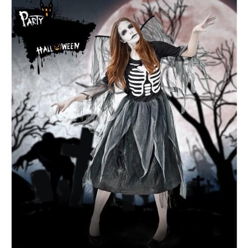 Woman Halloween Carnival Costume Adult Zombie Skeleton Skeleton Print Fallen Dark Angel Mesh Wings Round Neck Short Sleeve Dress