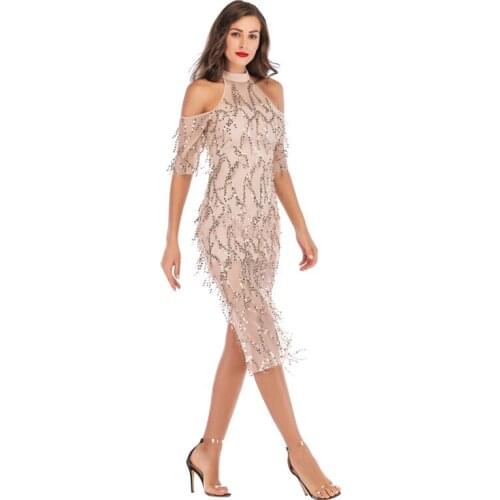 U-SWEAR Women Sexy Dress Polyester Spaghetti Strap Loose Halter Cutout Off-Shoulder Sequined Sleeve Dress Vestidos De Fiesta