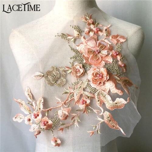 1 Piece Exquisite Fashion 3D Flower Mesh Lace Applique Embroidery Pearl Beaded Sewing Trim DIY Dress Supplies Craft