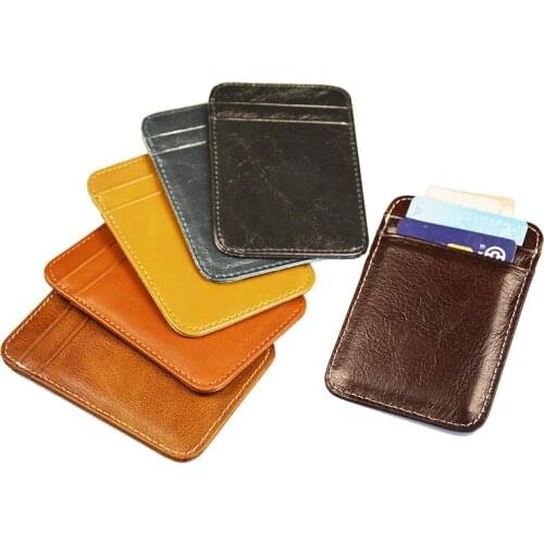 100% Cow Leather Vertical Antique Flat Khaki Card Holder Glossy credit Round Corner Vintage Genuine Leather card case