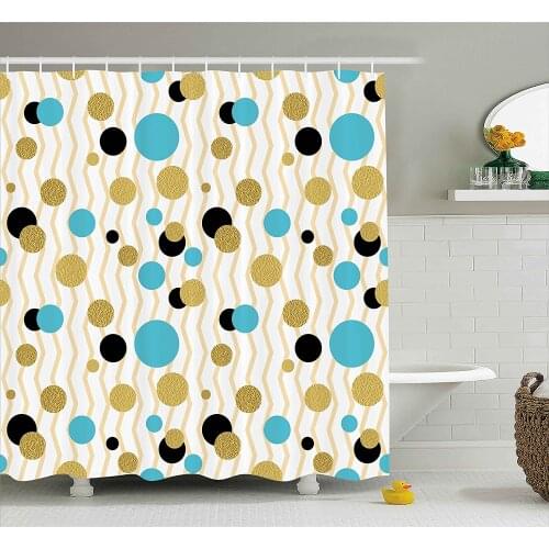 Abstract Shower Curtain Trippy Geometric Circles Dotted Gold Rounds on Zig Zag Lines Artwork Print Bathroom Waterproof Curtains