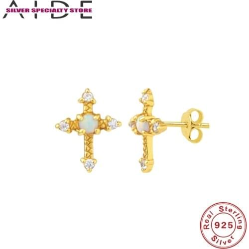 AIDE Opal Stud Earring 925 Sterling Silver Earrings For Women Cross Piercing Earring For Girl Fine Jewelry Pendientes Arete Gift