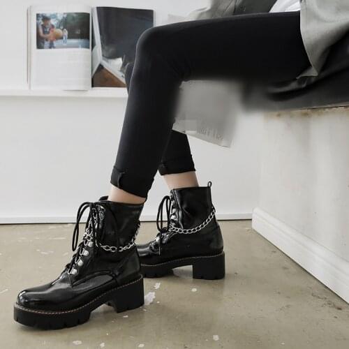 YMECHIC Gothic Punk Lace Up Boots Chains Cross Strap Block High Heel Womens Shoes Black Goth Platform Rock Military Combat Shoes