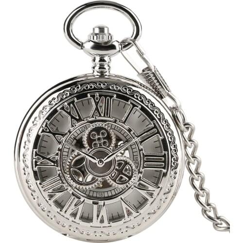Fob Mechanical Hand Wind Pocket Watches With Chain Necklace Hollow Crown Pointers Roman Numbers Silver Watch Elegant Clock