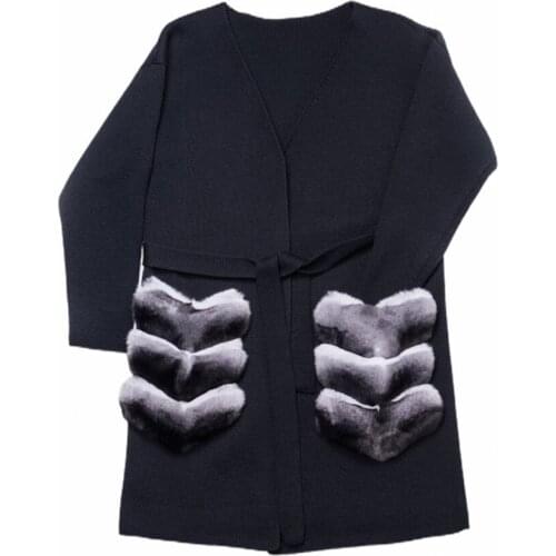 Black Fur Sweater Women Knitted Cardigan With Natural Rex Rabbit Fur Trim Pocket