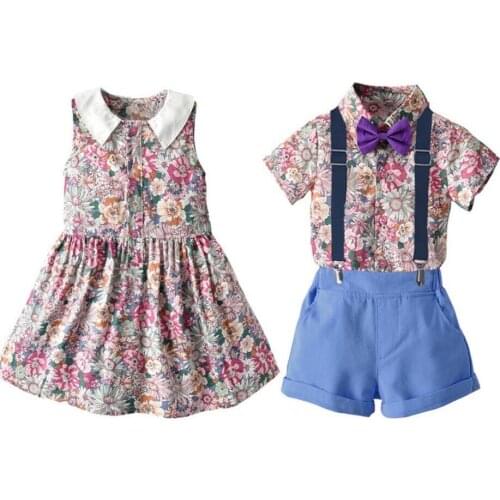 Summer Baby Kids Clothing Sets Short Sleeve Bowtie Shirt+Suspender Shorts/Girls Floral Dress Brother Sister Matching Outfits
