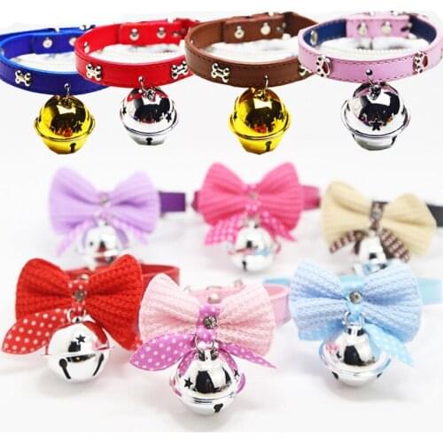 Cute Pet Adjustable Dog Collars with Bowknot and Bells Necklace PU Collar Beautiful Harness For Dogs Cat pet shop Accessories