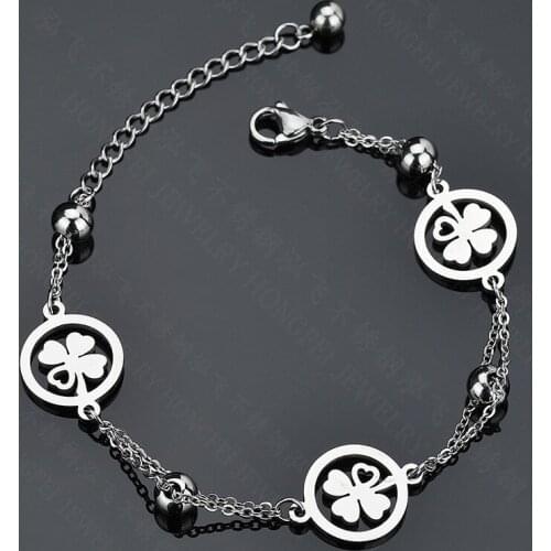 Fashion Simple Lucky Four Leaf Clover Hollow Bracelet Double Chain Stainless Steel Charm Lady Bracelet Jewelry