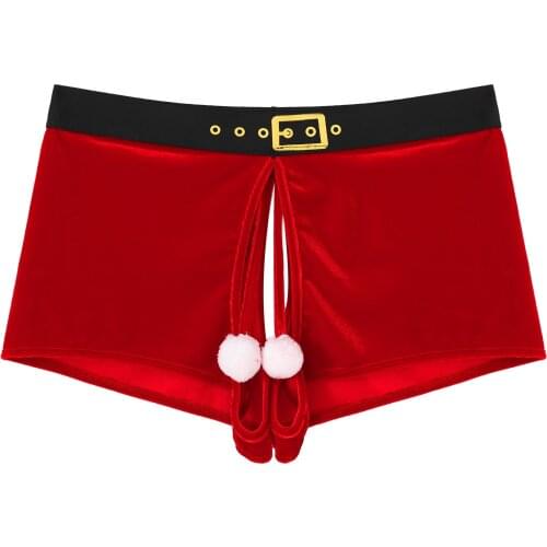 Men Christmas Velvet Panties Crotchless Boxer Shorts Fluffy Ball Sexy Lingerie Underwear Low Waist Elastic Waistband Underpants