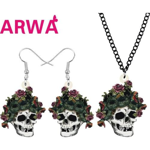 ARWA Acrylic Halloween Skeleton Skull Jewelry Sets Print Long Earrings Necklace For Women Girls Friends Retro Gift Decoration