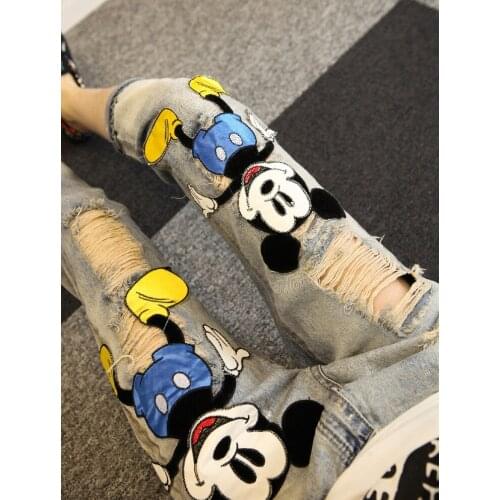 2019 Fashion New Autumn Fashion Patch Cartoon Mickey Hole Denim Pants Slim Women Long Trousers Ankle-length Female Pencil Jeans