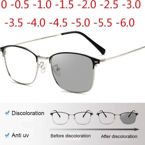 Photochromism Eyeglasses Square Alloy Frame Myopia Glasses Outdoor UV Protection Diopter -0.5 -1.0 -1.5 -2.0 To -6.0