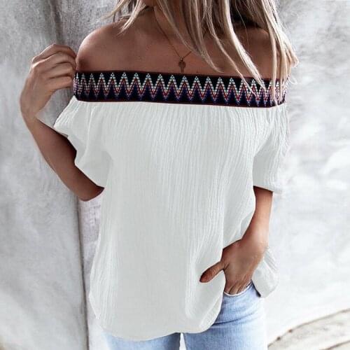 Sexy Slash Neck Vintage Party Blouse Women Elegant Off Shoulder Short Sleeve Shirts Spring Summer Printed Patchwork Tops Blusas