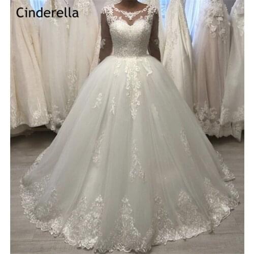 Cinderella Scoop Long Sleeves Court Train Lace Up Back Tulle Lace Applique Crystal Ball Gown Wedding Dresses vestido de noiva