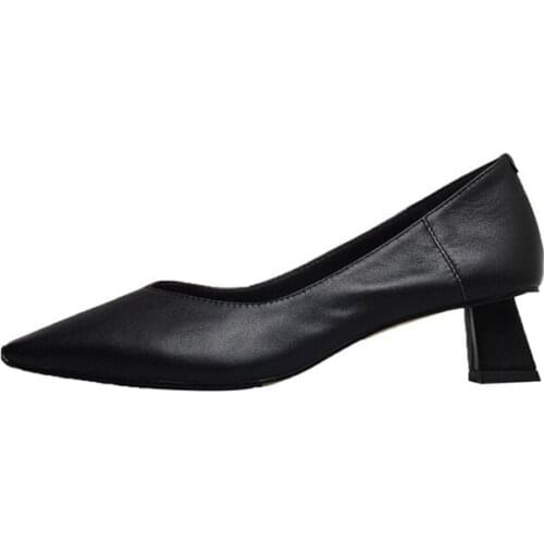 Spring Genuine Leather Kittens Middle Heels Womens Pumps Square Toe Ladies High Grade Working Single Shoes